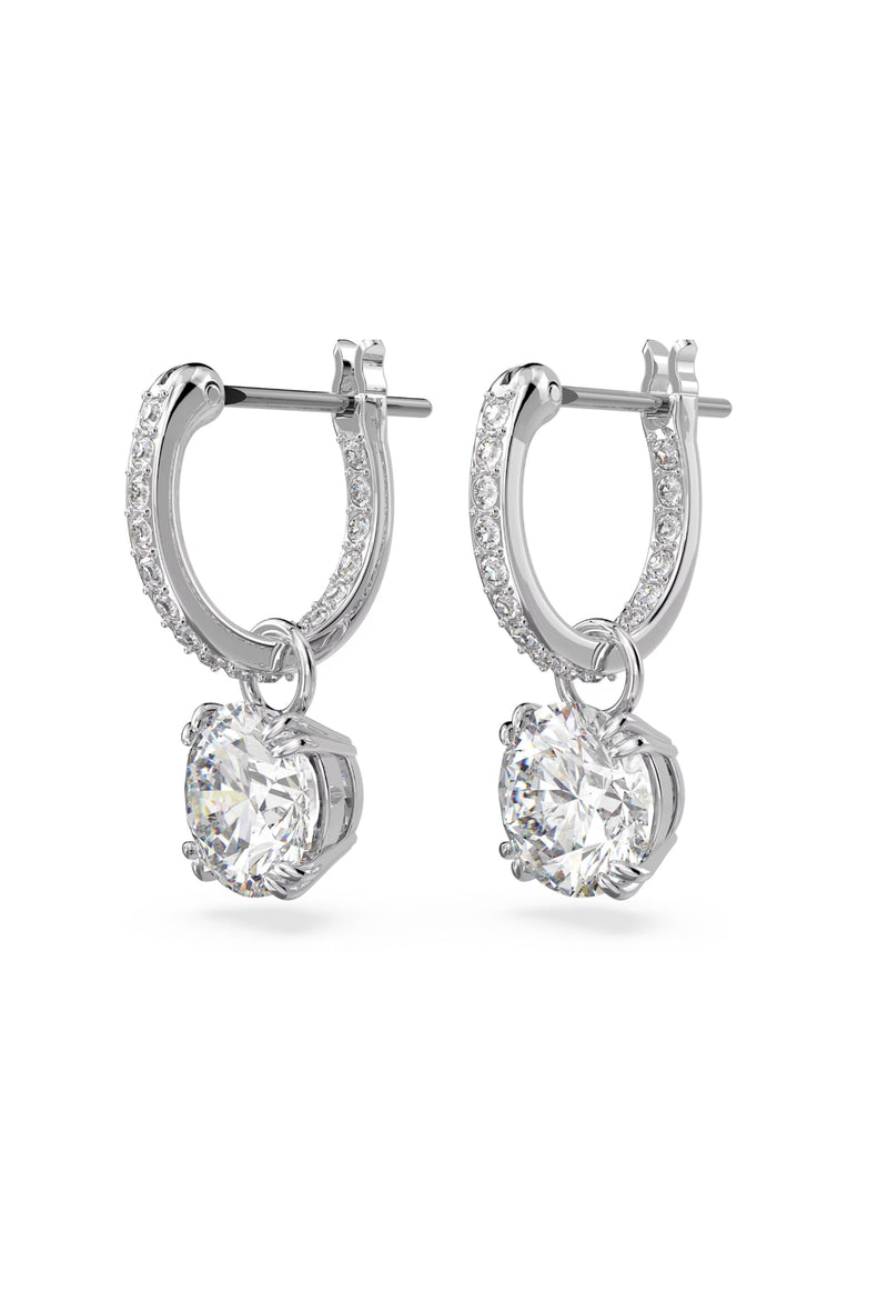 The Swarovski Constella Round Cut Drop Earrings, rhodium-plated silver jewelry from Swarovski, OD’s Jewellers in St Helens.