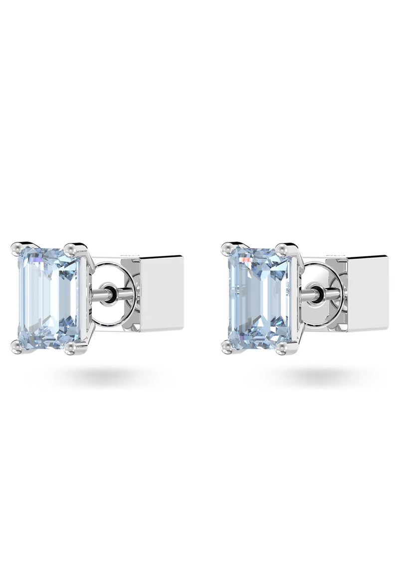 Swarovski Stilla Blue Cushion Cut Stud Earrings Rhodium Plated