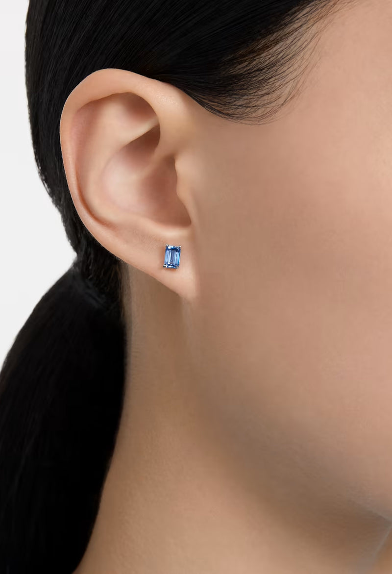 Swarovski Stilla Blue Cushion Cut Stud Earrings Rhodium Plated