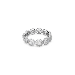 Close-up of the rhodium-plated sterling silver Swarovski Constella ring featuring a full band of round, sparkling crystals.
