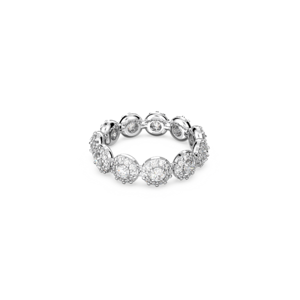 Close-up of the rhodium-plated sterling silver Swarovski Constella ring featuring a full band of round, sparkling crystals.