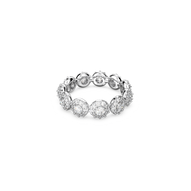 Close-up of the rhodium-plated sterling silver Swarovski Constella ring featuring a full band of round, sparkling crystals.