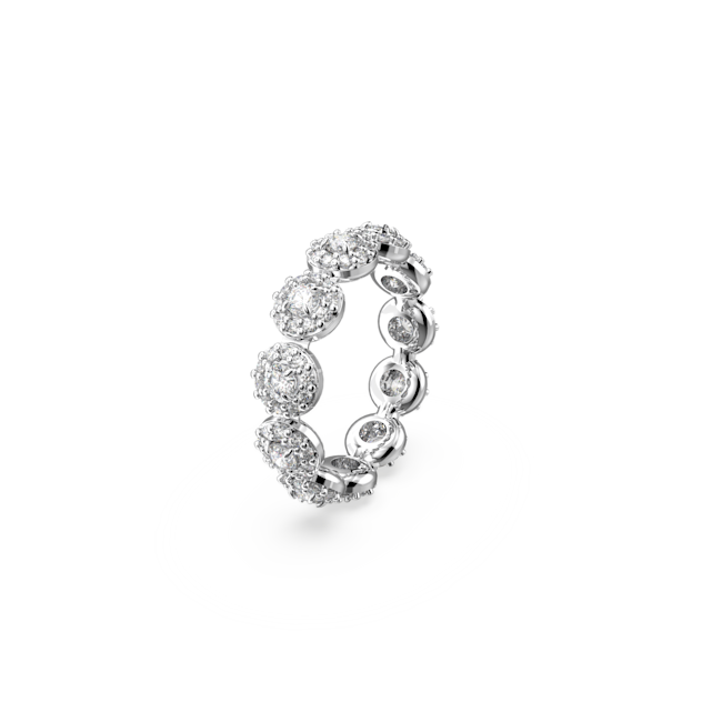 Close-up of the Swarovski Constella ring, a rhodium-plated sterling silver band set with sparkling round-cut crystals.