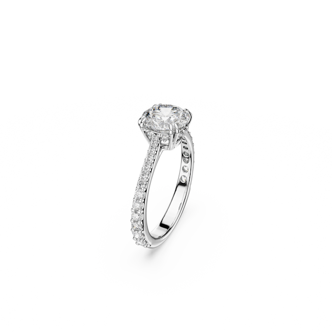 Sparkling cocktail ring featuring a princess cut crystal in a rhodium plated band, from the Swarovski Constella collection.