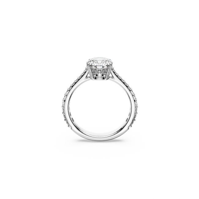 Close-up of the Swarovski Constella cocktail ring, showing the princess cut stone and rhodium-plated band with crystal