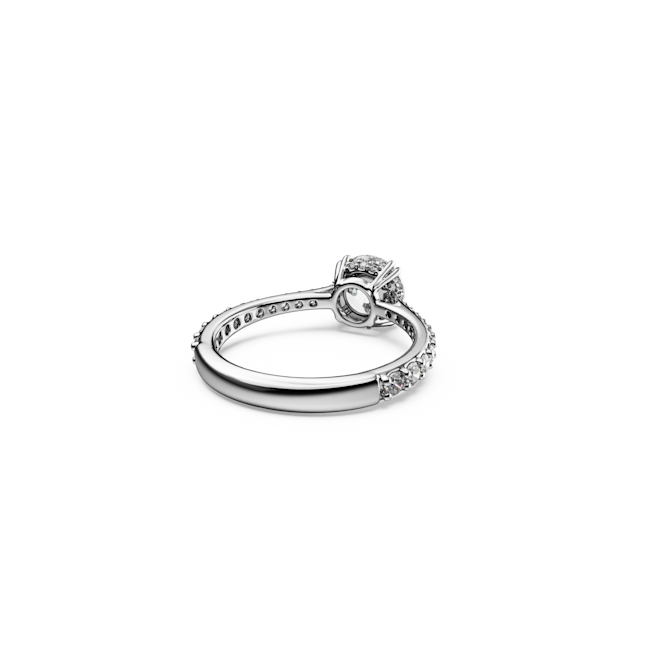 Constella Cocktail Ring, rhodium plated band with princess cut crystal detail; elegant jewelry design.