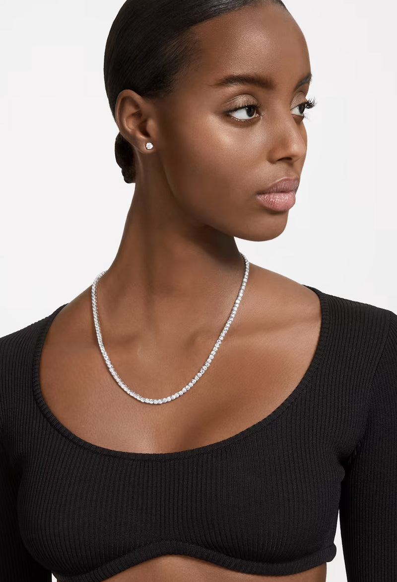 Swarovski Matrix Tennis Necklace & Earring Set, silver rhodium-plated jewelry set from Swarovski, available at OD’s Jewellers in St Helens.