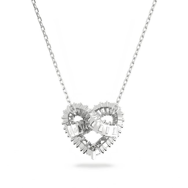 Swarovski Matrix heart pendant necklace, mixed-cut stones, rhodium-plated finish, showcasing elegant design.