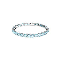 Blue Swarovski tennis bracelet, size M, showcasing the rhodium-plated design and crystal sparkle. Elegant jewelry close-up.