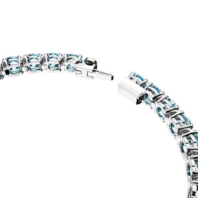 Open clasp detail of the Swarovski Matrix tennis bracelet in blue, rhodium plated, size M.