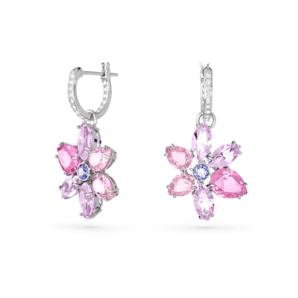 Swarovski Gema flower earrings. Rhodium-plated jewelry with pink & purple mixed-cut crystals, a playful floral design.