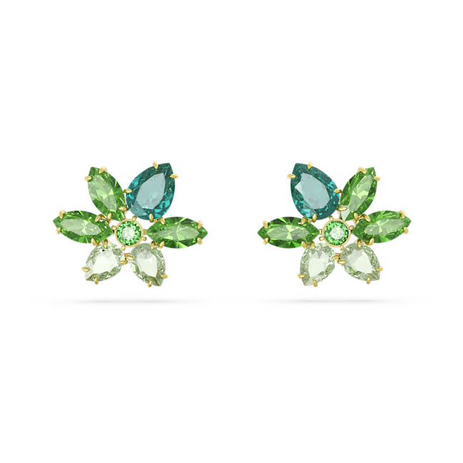 Swarovski Gema: Mixed Cuts Green Flower Earrings Gold Plated *