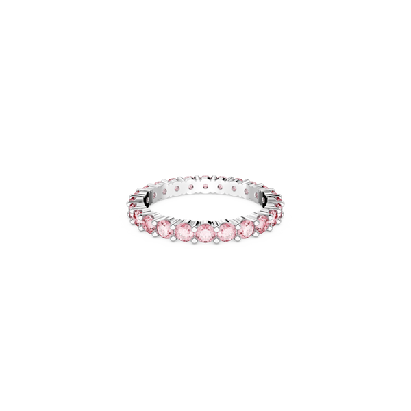 Swarovski Matrix pink ring featuring rhodium plating and crystal stones; a stylish and elegant jewelry piece.