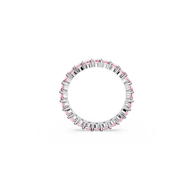 Close-up showcasing the rhodium-plated Swarovski Matrix ring with all-around pink crystal stones. A modern statement ring.