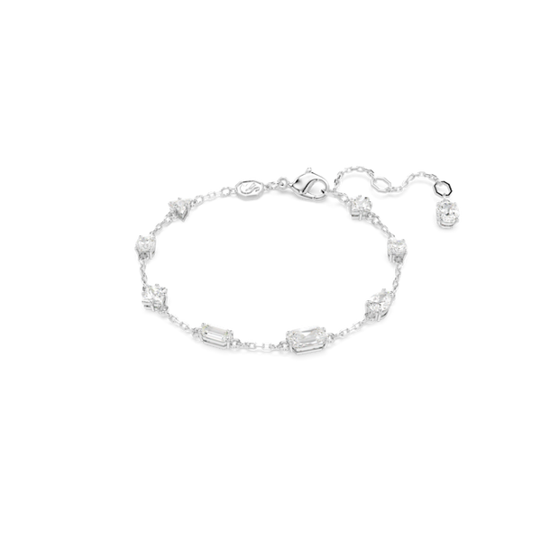 Swarovski bracelet: Rhodium plated Mesmera bracelet with mixed cut crystals, showcasing its adjustable chain and clasp.