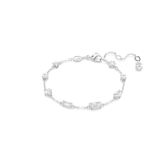 Swarovski bracelet: Rhodium plated Mesmera bracelet with mixed cut crystals, showcasing its adjustable chain and clasp.