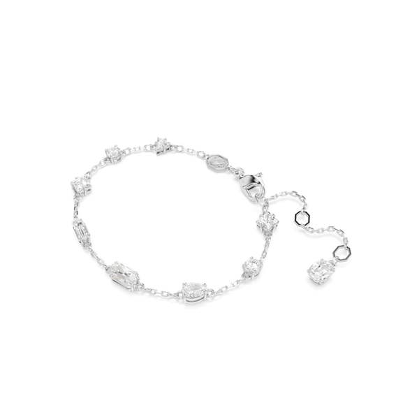 Close-up of the Swarovski Mesmera bracelet featuring mixed-cut crystals on a rhodium-plated chain with an adjustable closure.