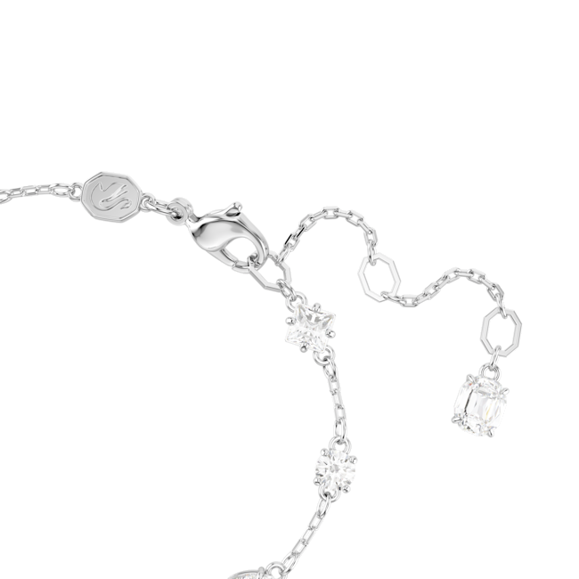 Close-up of a rhodium-plated Swarovski Mesmera bracelet clasp, showcasing mixed-cut crystals and adjustable chain.