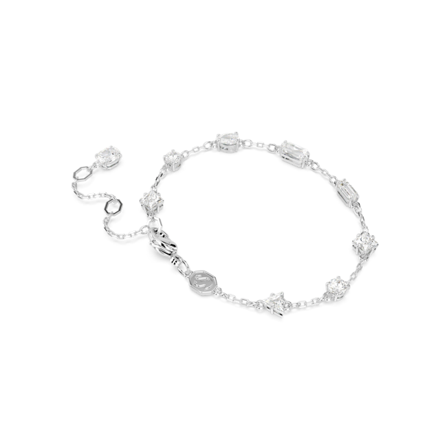 Swarovski Mesmera bracelet showcasing the mixed cut crystals and rhodium-plated chain. Elegant jewelry design.