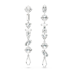Rhodium-plated Swarovski earrings featuring an asymmetrical, crystal-studded drop design. Elegant jewelry for a formal
