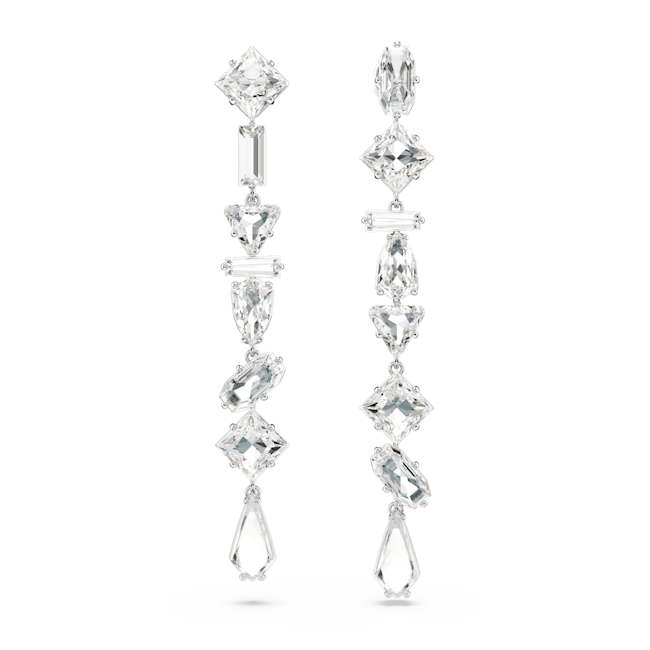 Rhodium-plated Swarovski earrings featuring an asymmetrical, crystal-studded drop design. Elegant jewelry for a formal