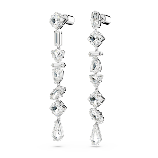 Swarovski earrings: Rhodium-plated, asymmetrical drop earrings with various crystal shapes cascading down.