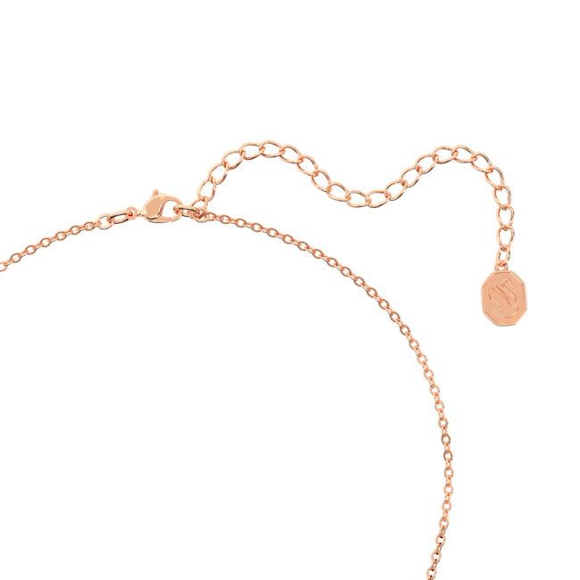 Rose gold chain with swan logo medallion showcases adjustable closure of Bella V pendant. Swarovski jewelry detail.