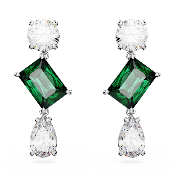 Swarovski Mesmera earrings featuring green emerald-cut crystals, rhodium-plated settings, and sparkling drop accents.