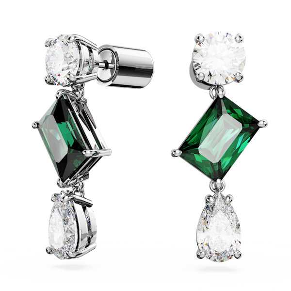 Swarovski Mesmera drop earrings, rhodium plated finish, featuring green emerald-cut stones and white pear-shaped crystals.