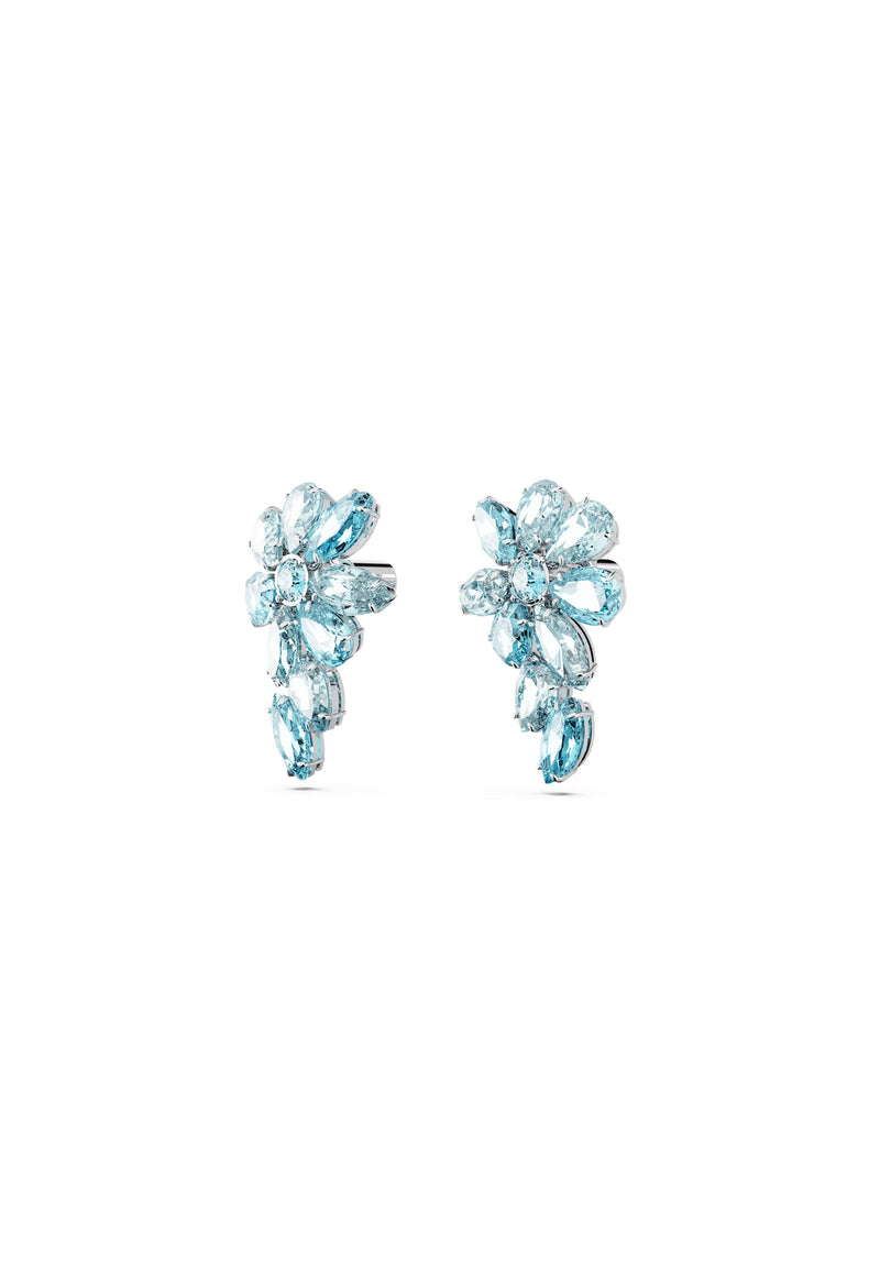 Swarovski Gema: Mixed Cut Blue Drop Flower Earrings in Rhodium Plated
