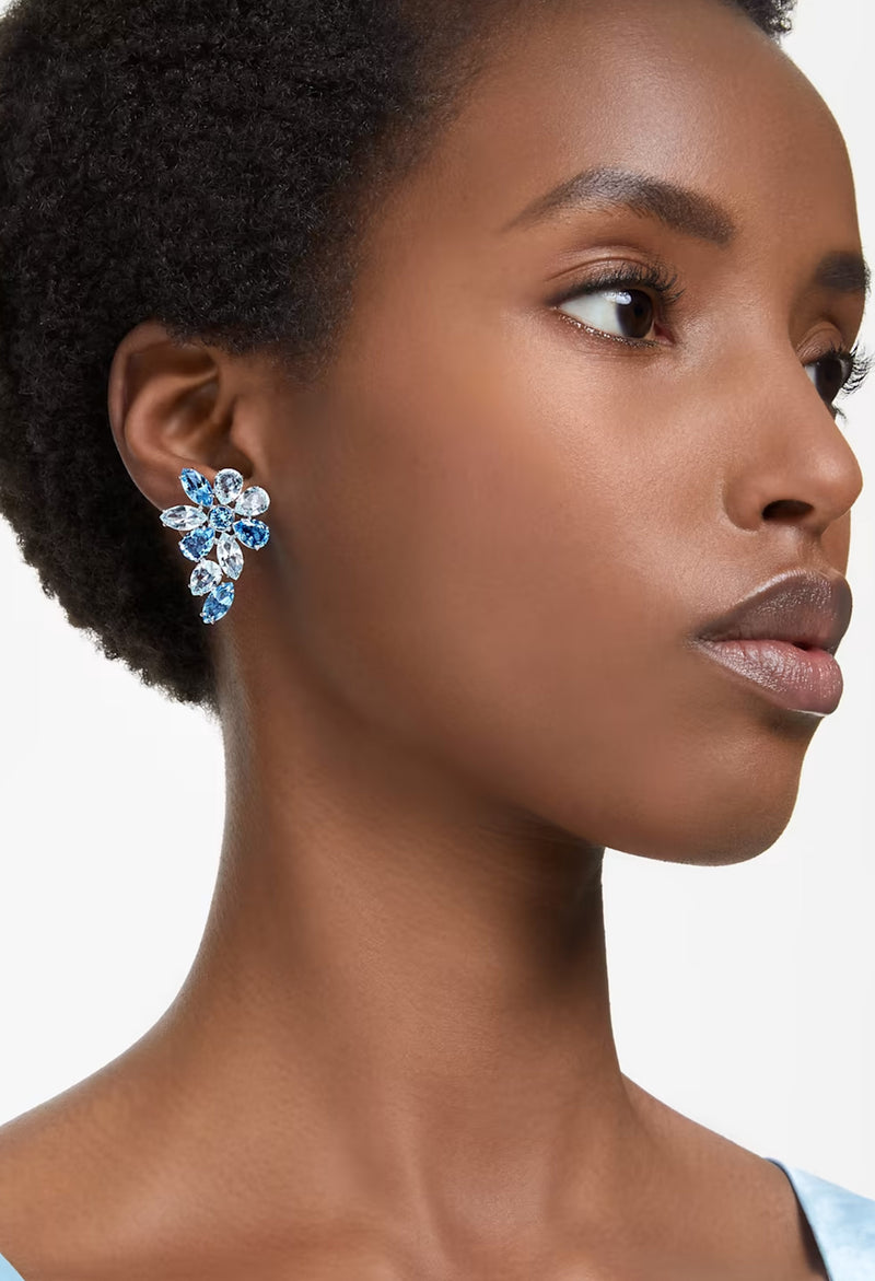 Swarovski Gema: Mixed Cut Blue Drop Flower Earrings in Rhodium Plated