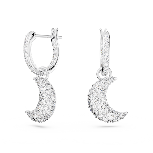 Rhodium-plated Swarovski Luna earrings featuring sparkling crystal-pavé crescent moon drops hanging from hoop earrings.