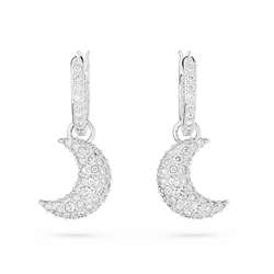 Rhodium plated Swarovski drop earrings with moon motif. Sparkling, celestial inspired fashion jewelry.