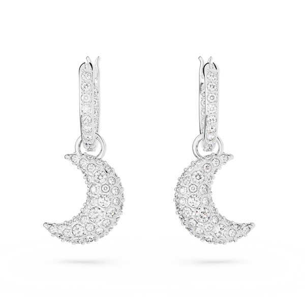 Rhodium plated Swarovski drop earrings with moon motif. Sparkling, celestial inspired fashion jewelry.