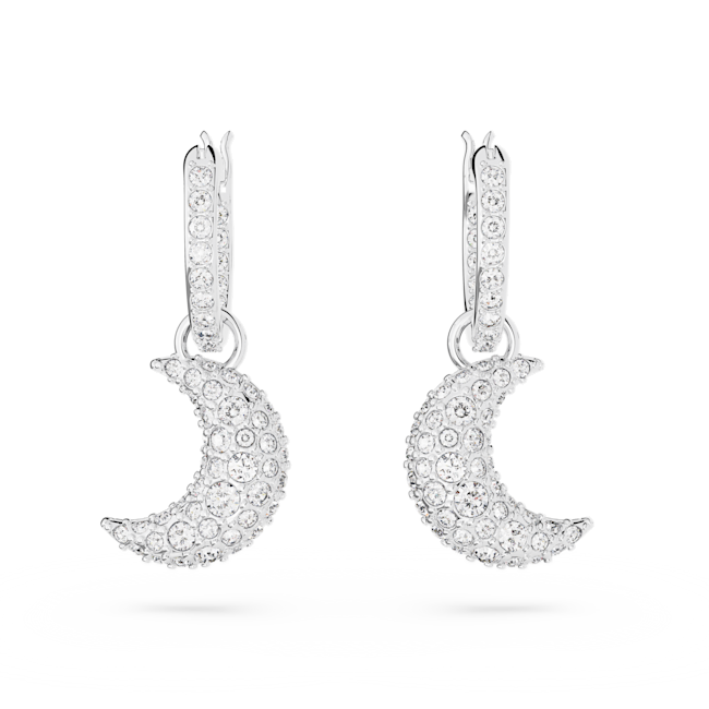 Rhodium plated Swarovski drop earrings with moon motif. Sparkling, celestial inspired fashion jewelry.
