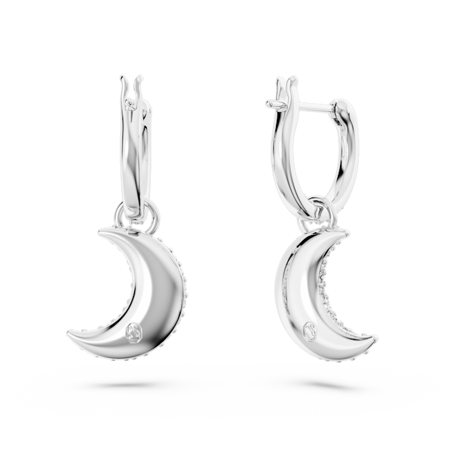 Swarovski Luna Moon earrings: rhodium-plated hoop drops. Detailed view of the crescent moon design and clasp mechanism.