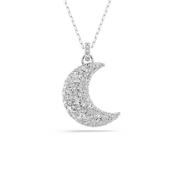 Sparkling crescent moon pendant necklace. Rhodium-plated jewelry with crystal accents conveys elegant, celestial style.