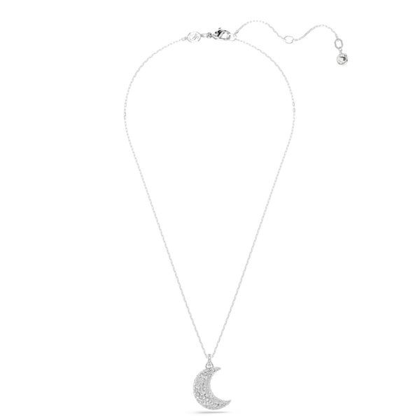 Swarovski Luna moon pendant necklace, rhodium-plated jewelry. Delicate chain with shimmering crescent moon detail.