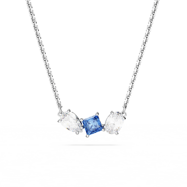 Close-up of the Swarovski Mesmera pendant necklace featuring blue, square-cut crystal between two teardrop clear crystals.
