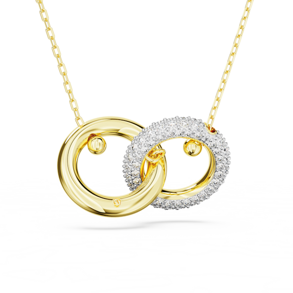 Dextera pendant featuring two interlocking gold-plated loops, one adorned with sparkling crystals, showcasing refined