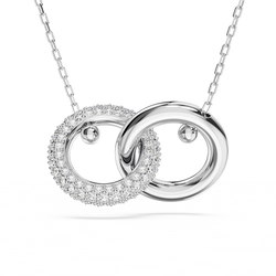 Rhodium plated pendant featuring interlocking rings, one with sparkling crystals. Elegant jewelry.