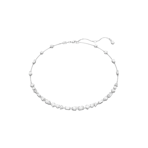 Close-up view of the Swarovski Mesmera necklace featuring mixed-cut crystals and a rhodium-plated finish, showcasing its