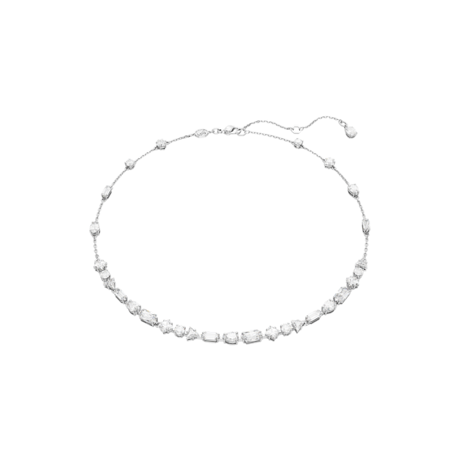 Close-up view of the Swarovski Mesmera necklace featuring mixed-cut crystals and a rhodium-plated finish, showcasing its