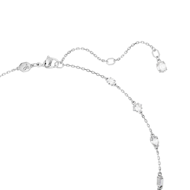 Close-up detail of the Swarovski Mesmera necklace showcasing the rhodium-plated chain and mixed-cut crystal embellishments.