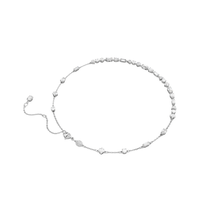 Close-up of the Swarovski Mesmera Necklace featuring rhodium plating and mixed cut crystals. Sparkling jewelry design.