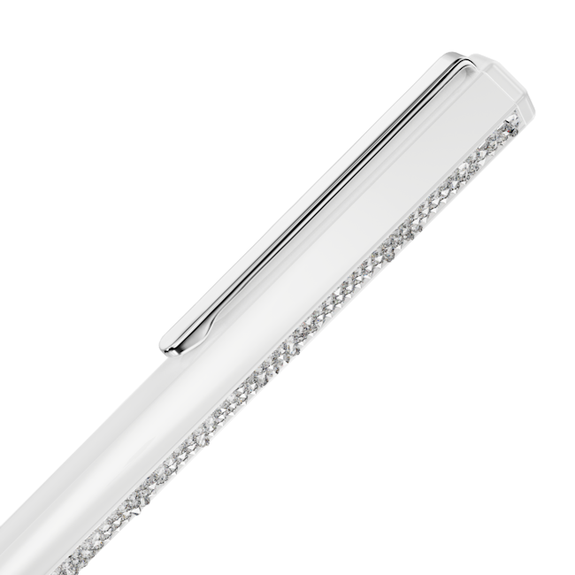 Close-up of a white Swarovski crystal pen with fine crystal detailing and a sleek design, showcasing its elegance.