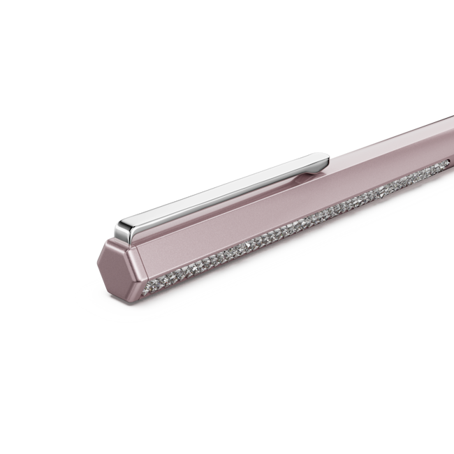 Close-up view of a pink Swarovski crystal shimmer pen with an octagonal barrel, highlighting its design details.