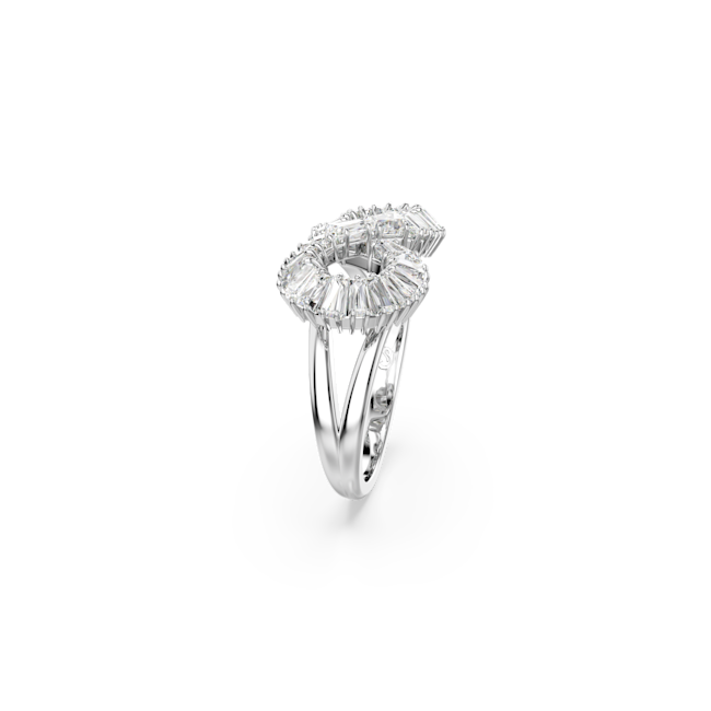 Rhodium-plated Swarovski ring featuring entwined infinity symbols embellished with sparkling crystals.
