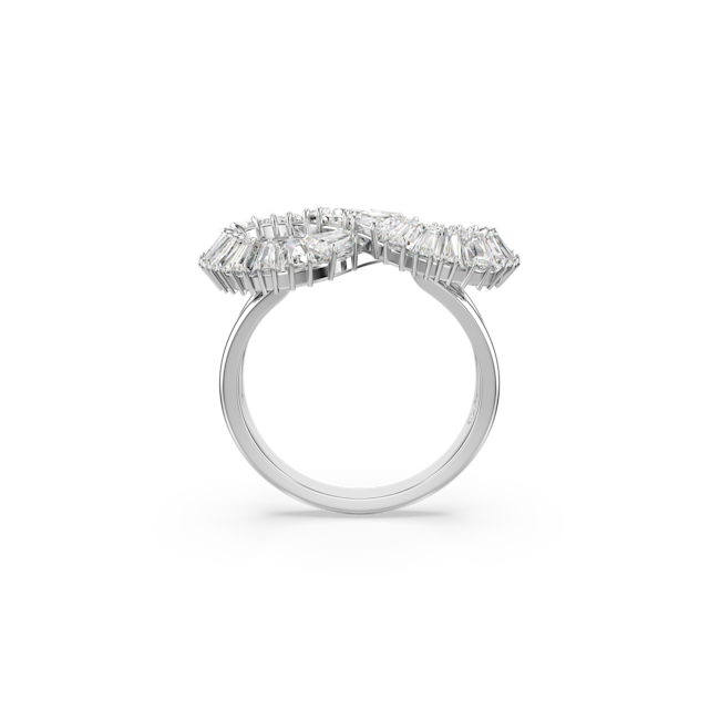 Hyperbola infinity ring displaying rhodium plating and crystal detailing. Fashion jewelry showcasing Swarovski design.