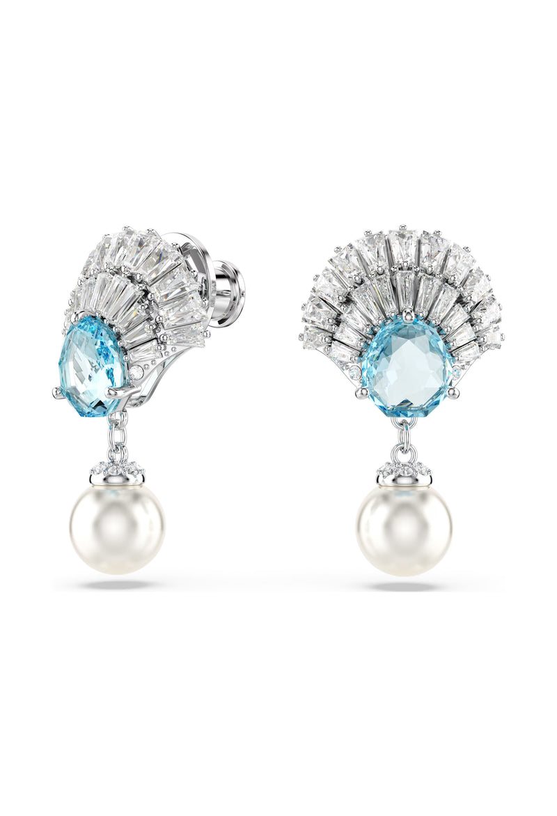 Swarovski Idyllia Crystal Shell, Blue Crystal Pearl Drop Earrings Rhodium Plated